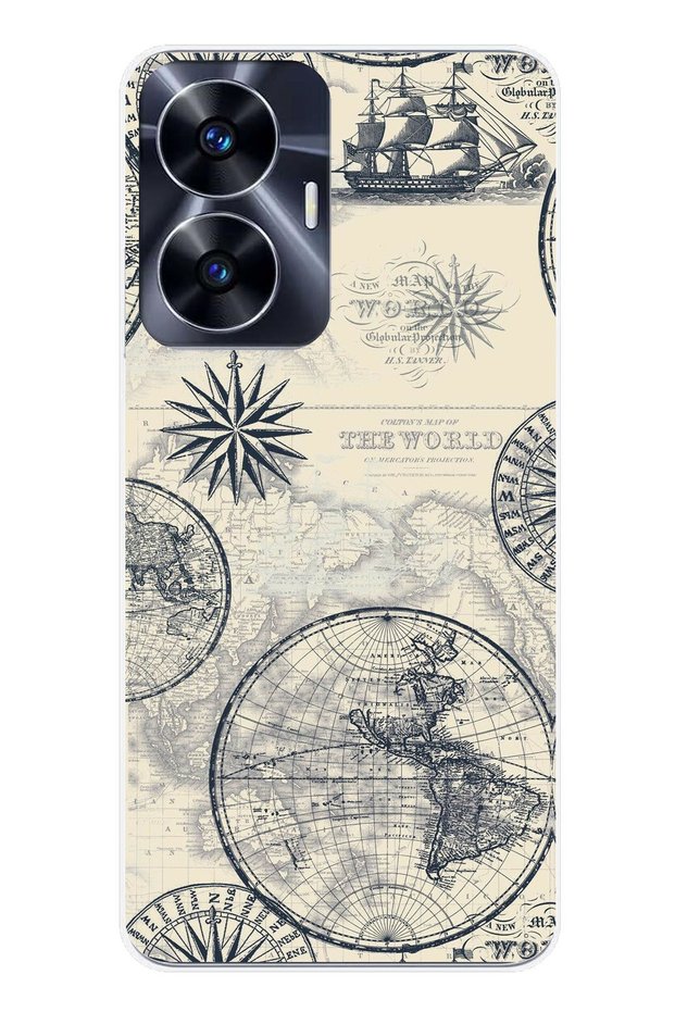 Realme C55 Compatible Vintage World Map and Compass Printed Silicone Case