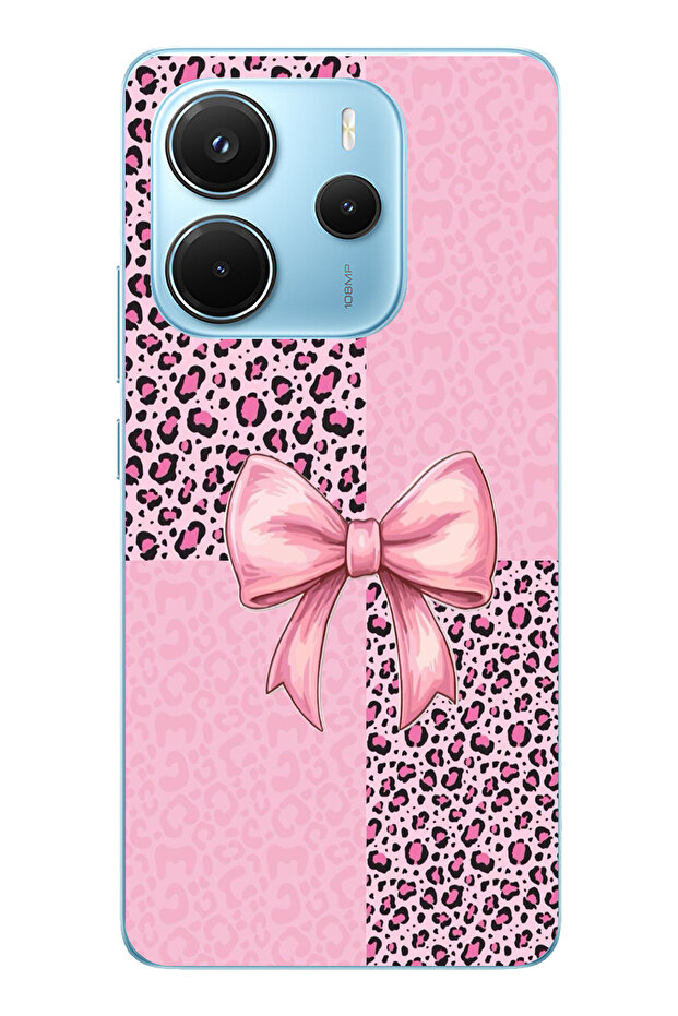 Redmi Note 14 4g Compatible Pink Leopard Pattern and Ribbon Printed Silicone Case - 1