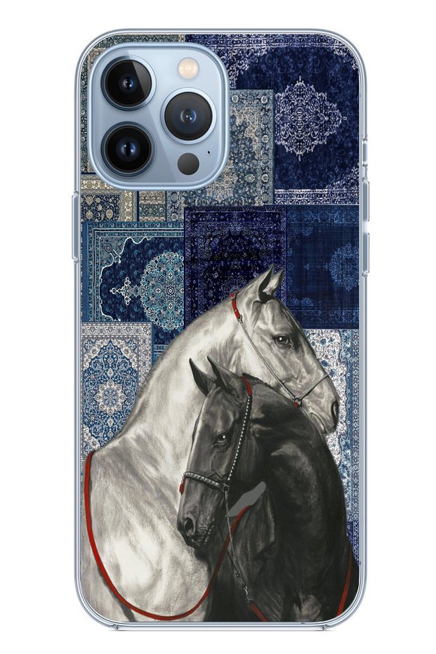 حافظة سيليكون متوافقة مع هاتف iPhone 13 PRO MAX باللون الأزرق بنمط كليم باللونين الأسود والأبيض At مطبوع