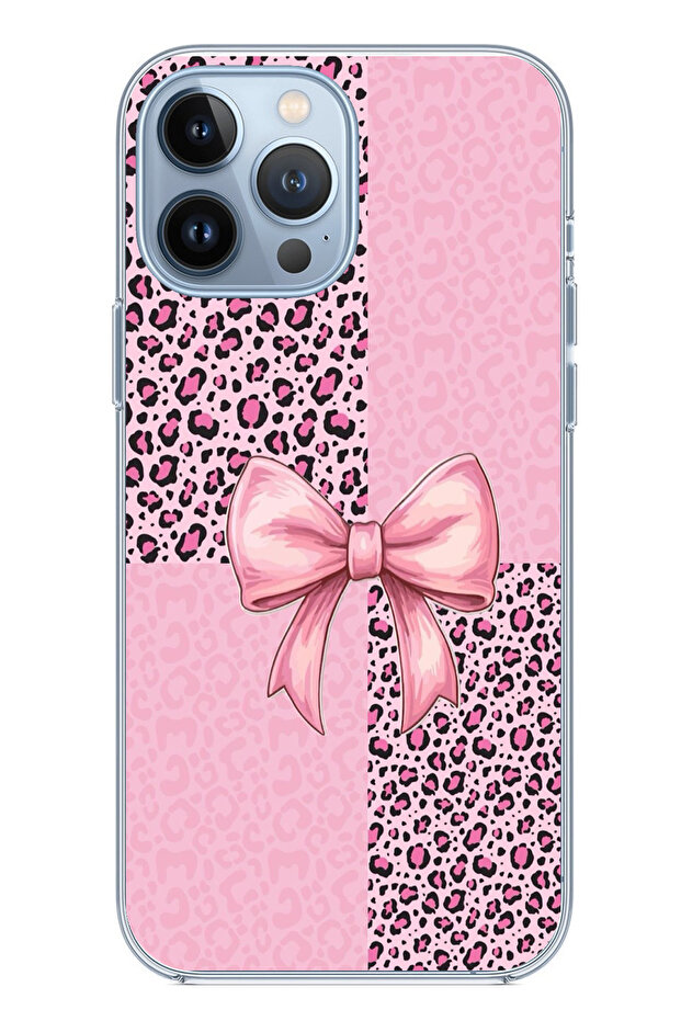 iPhone 13 Pro Max Compatible Pink Leopard Pattern and Ribbon Printed Silicone Case - 1