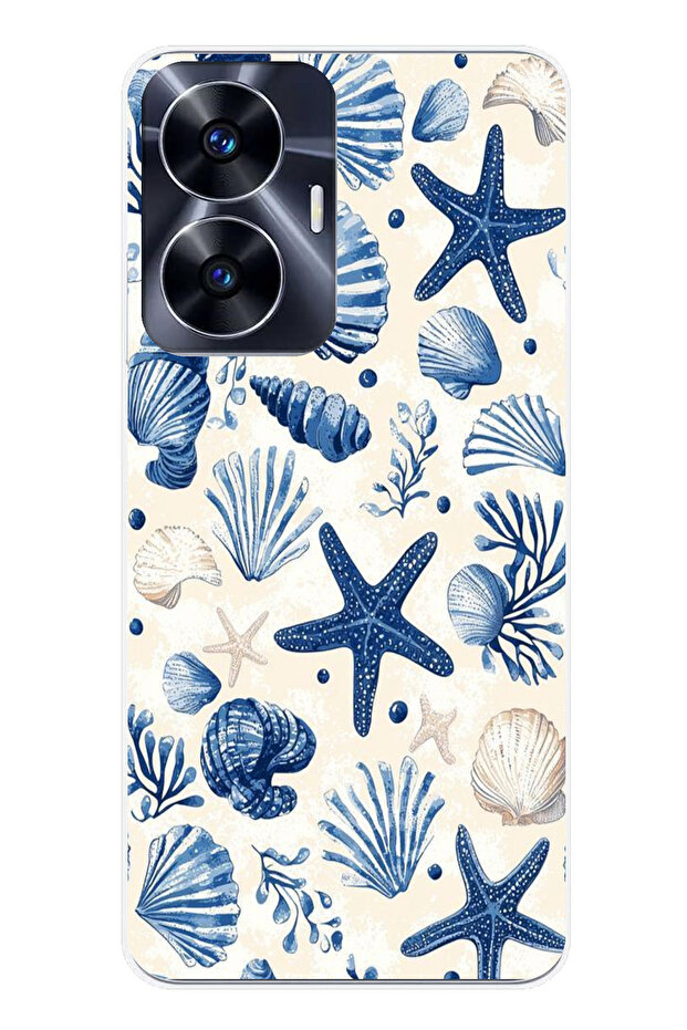 حافظة سيليكون مطبوع متوافقة مع هاتف Realme C55 بنمط صدفة البحر الزرقاء والنجمة - 1