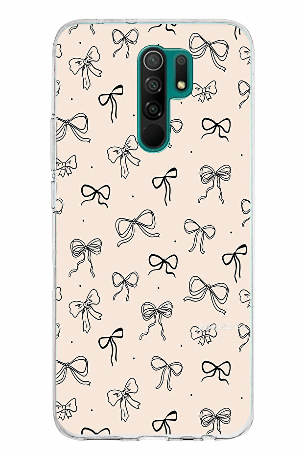 حافظة سيليكون متوافقة مع هاتف Redmi 9 باللون الأسود ذات نمط فيونكة باللون الكريمي مطبوع - 1