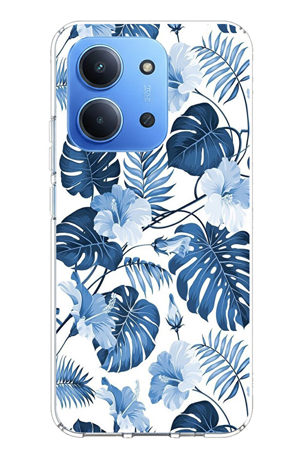 حافظة سيليكون مطبوع متوافقة مع Redmi 15C بنمط أوراق الشجر الزرقاء والزهور - 1