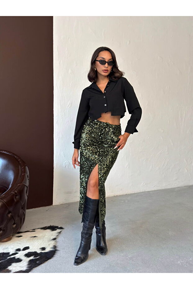 Pullu Kadife Uzun Etek - 2