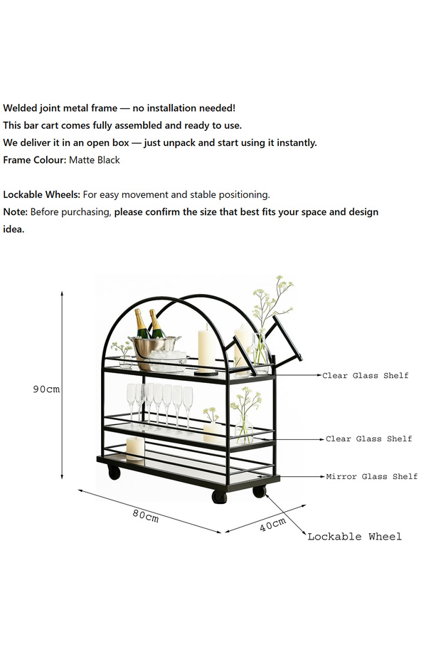 Serving Drink Cart 3-Tier Bar Cart with Glass Shelves, Fully Welded Metal Frame, Lockable Wheels - 2