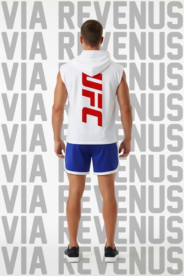 Ufc Printed Hooded Sleeveless Sports T-Shirt and Piped Sports Shorts Set Gym & Fitness Combo