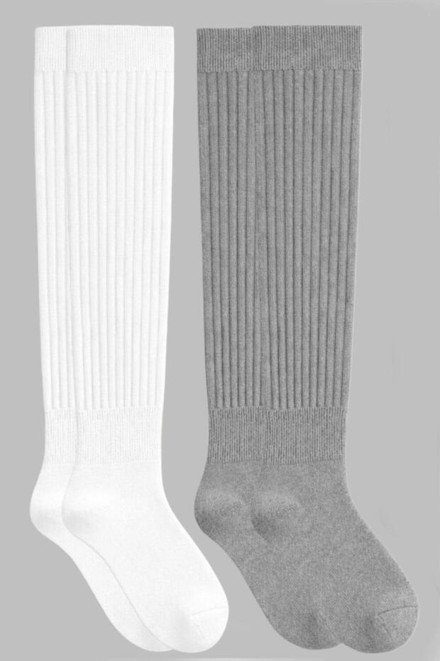 2 Çift Basic Lastikli Kalın Pamuk Karışımlı Diz Üstü Çorap - 1