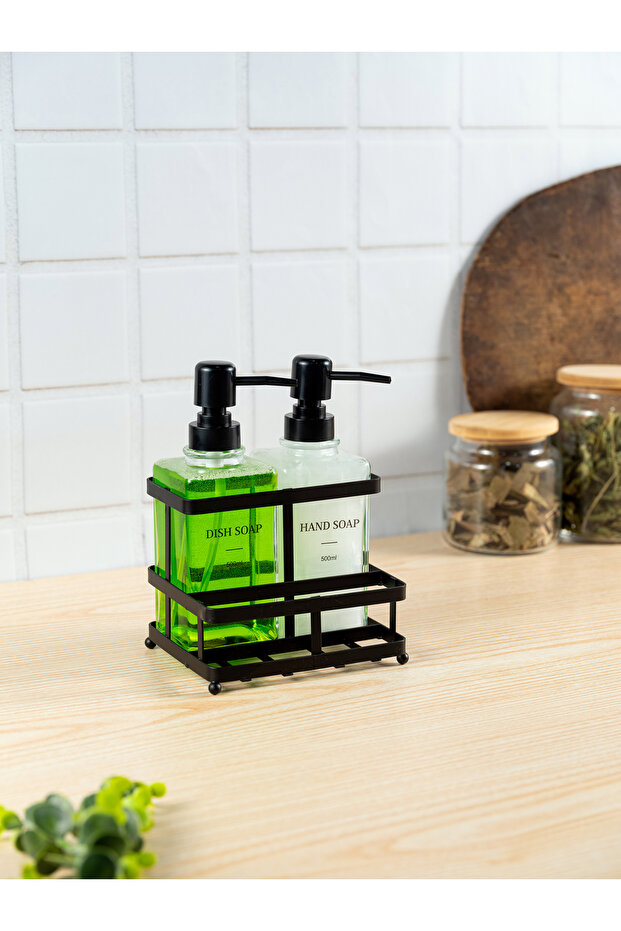500ml Double Square Glass Liquid Soap Dispenser Detergent Dispenser with Soft Textured Metal Stand