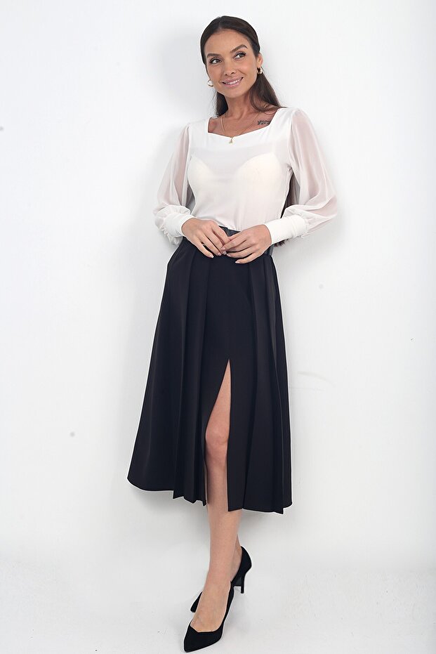 Women's Front Slit Pleated Skirt with Belt at the Waist