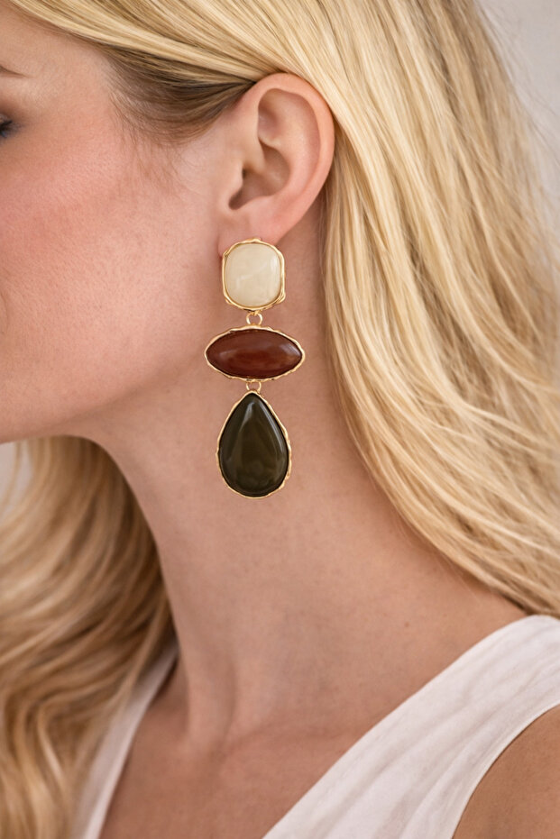 Vintage Style Three Stone Detailed Gold Framed Long Earrings