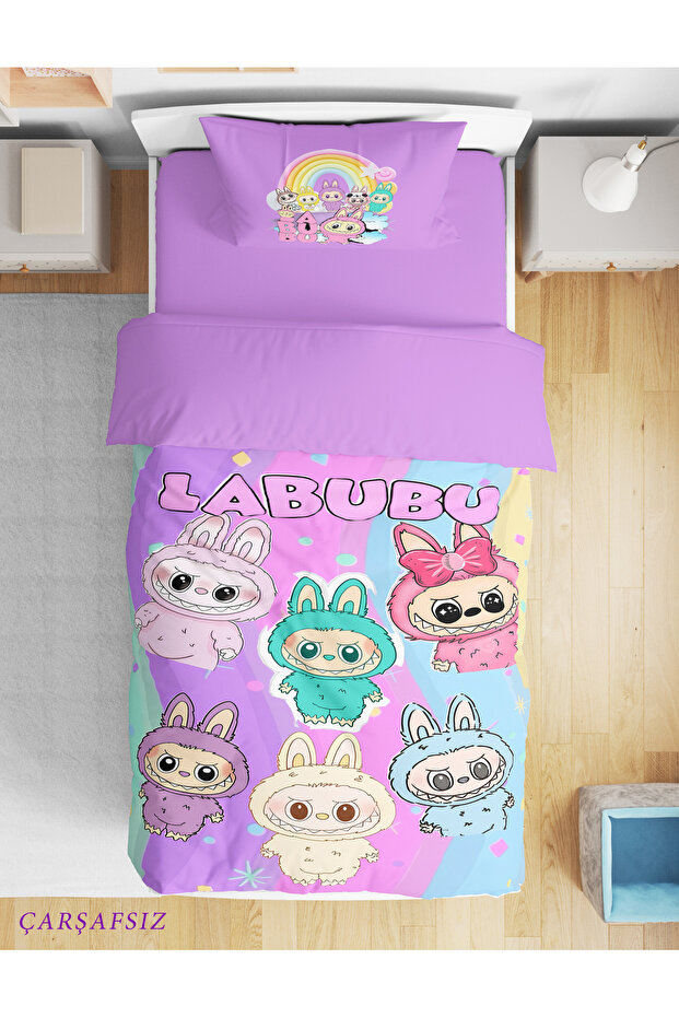 Labubu Patterned 3D Digital Printed Single Size Sheetless Young Girl Children's Duvet Cover Set