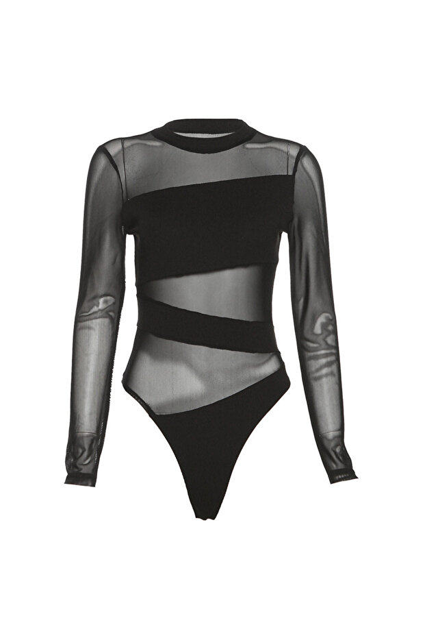 S black Spring Summer New Fashion Cut Cross Hollow Mesh Jumpsuit Long-Sleeved Thin O Neck Diagonal B