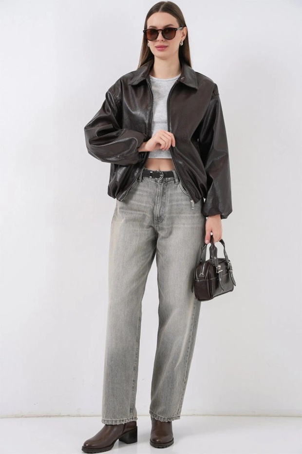 قصة فضفاضة جاكيت جلد صناعي 1049 - بني - 2