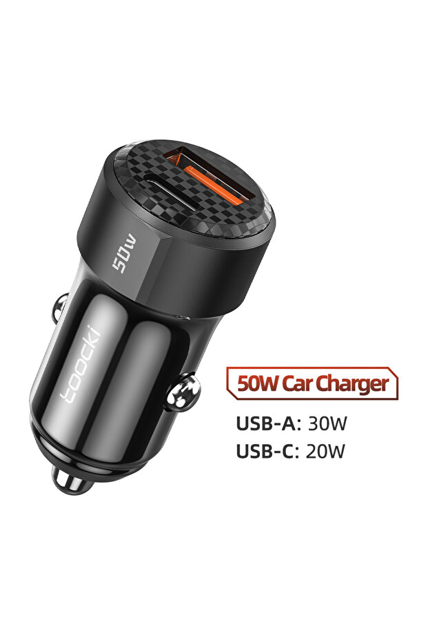 Black USB Car Charger Fast Charging 50W PD Type C Quick Charge USB C Car Phone Charger