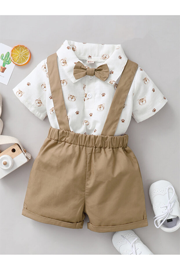 92 (18-24M) 2PCS Infant Boy Clothes Set Tiger Print Short Sleeve with Bow+Strap Shorts Casual Party