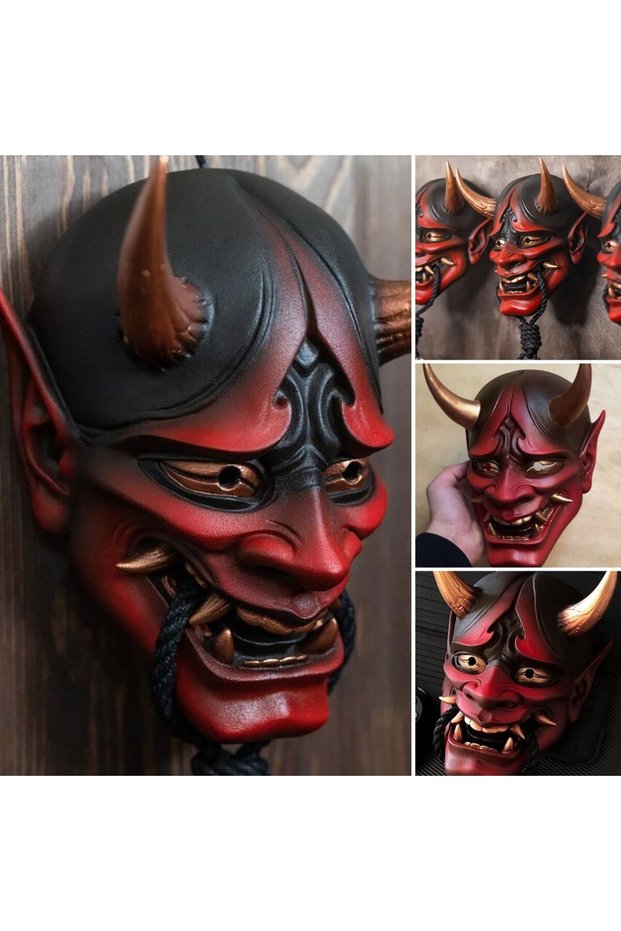 red Japanese Prajna Oni Latex Mask Cosplay Samurai Noh Kabuki Assassin Demon Ghosts Face Creepy Mask