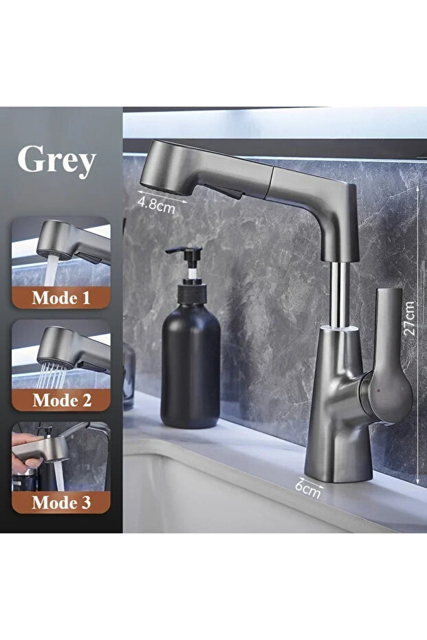Grey Pull Out Lift Kitchen Faucet 360° Rotatable Bathroom Basin Faucet Stainless Steel Kitchen Sink