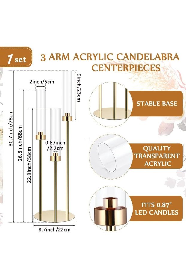 1pcs Golden 1 Set Acrylic Candelabra Centerpiece 30.7 Gold Candle Holder 3 Arm Pillar Taper Candlest