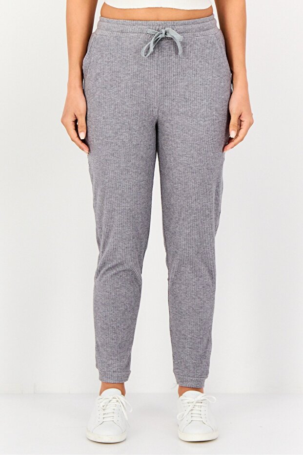 Women Regular Fit Ribbed Jogger Pants, Light Grey