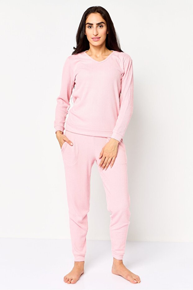 Women 2 Pieces Long Sleeve Top And Bottom Pajama Set, Pink