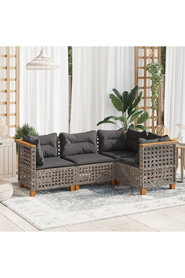 4 Piece Garden Sofa Set with Cushions Grey Poly Rattan