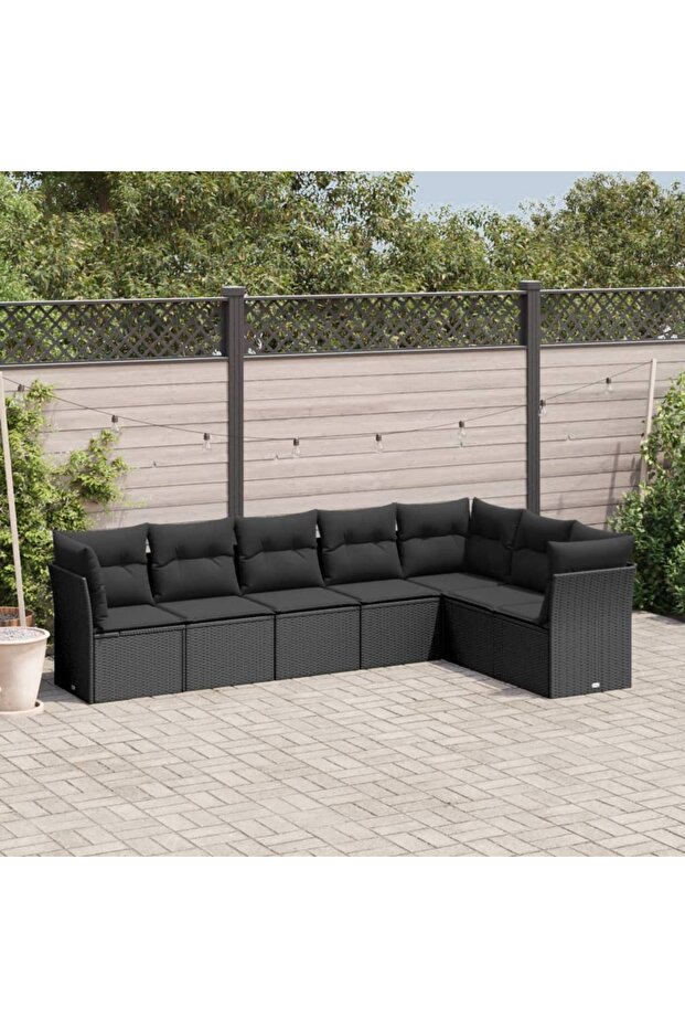 7 Piece Garden Sofa Set with Cushions Black Poly Rattan