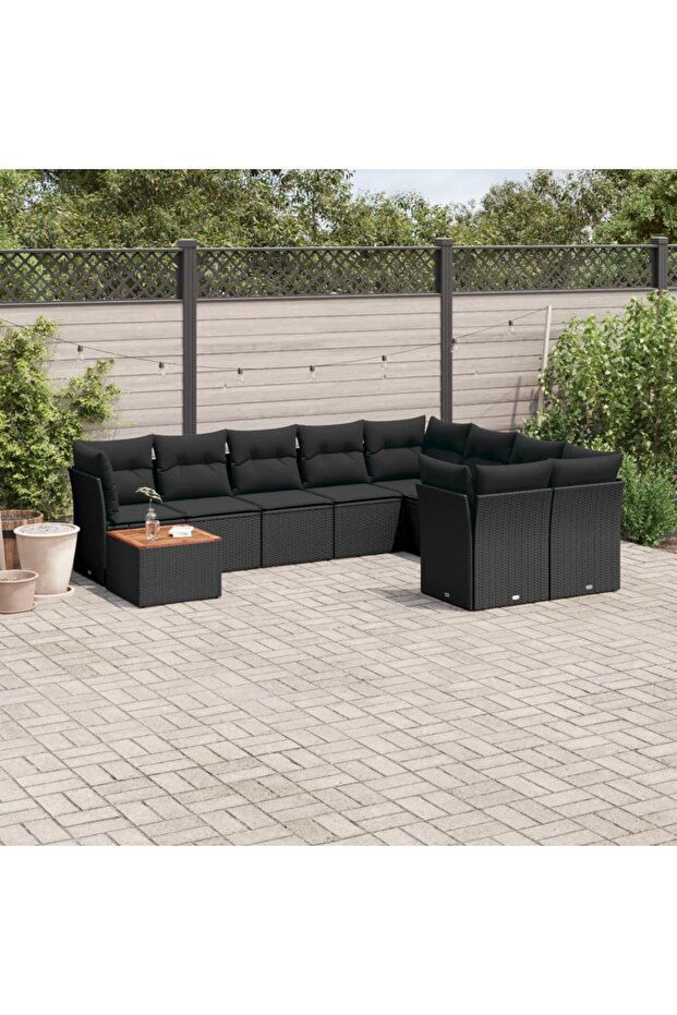10 Piece Garden Sofa Set with Cushions Black Poly Rattan