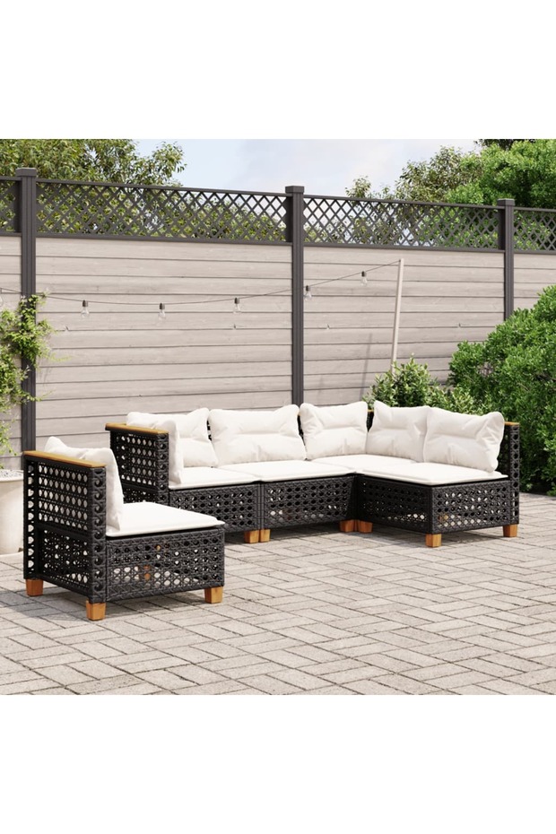 5 Piece Garden Sofa Set with Cushions Black Poly Rattan