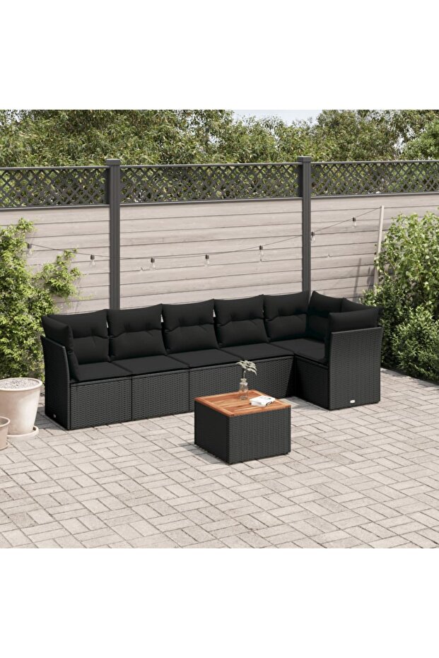 7 Piece Garden Sofa Set with Cushions Black Poly Rattan