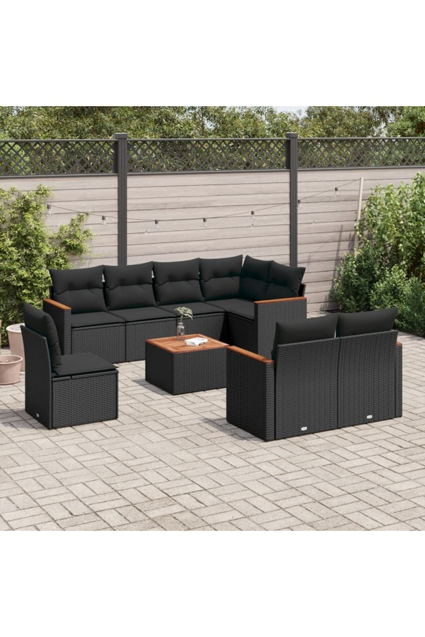 9 Piece Garden Sofa Set with Cushions Black Poly Rattan