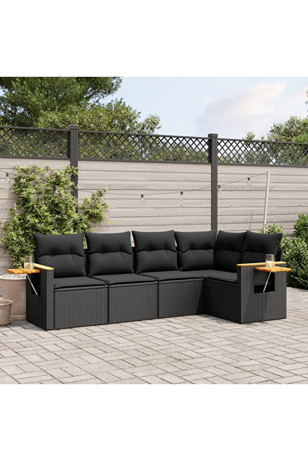5 Piece Garden Sofa Set with Cushions Black Poly Rattan
