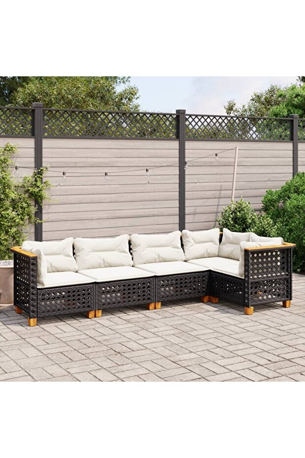 5 Piece Garden Sofa Set with Cushions Black Poly Rattan