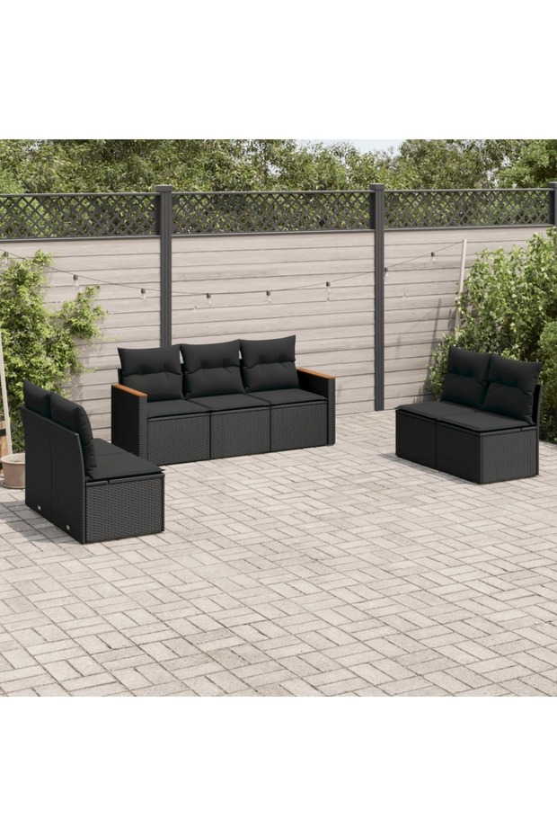 7 Piece Garden Sofa Set with Cushions Black Poly Rattan