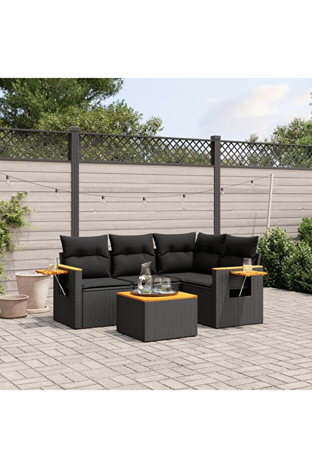 5 Piece Garden Sofa Set with Cushions Black Poly Rattan