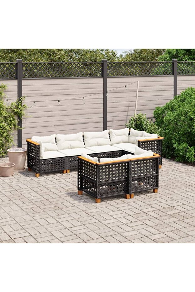 7 Piece Garden Sofa Set with Cushions Black Poly Rattan