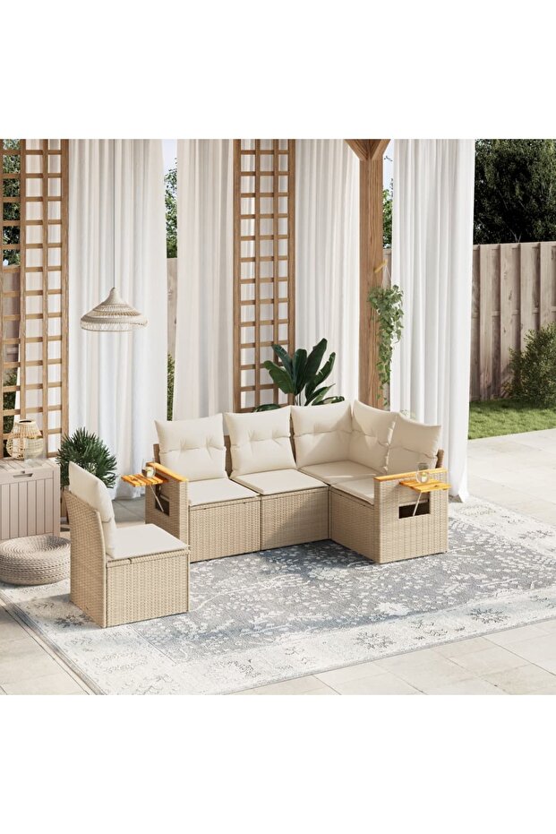 5 Piece Garden Sofa Set with Cushions Beige Poly Rattan