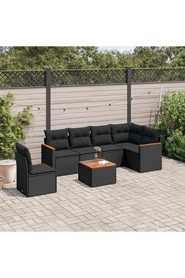 7 Piece Garden Sofa Set with Cushions Black Poly Rattan
