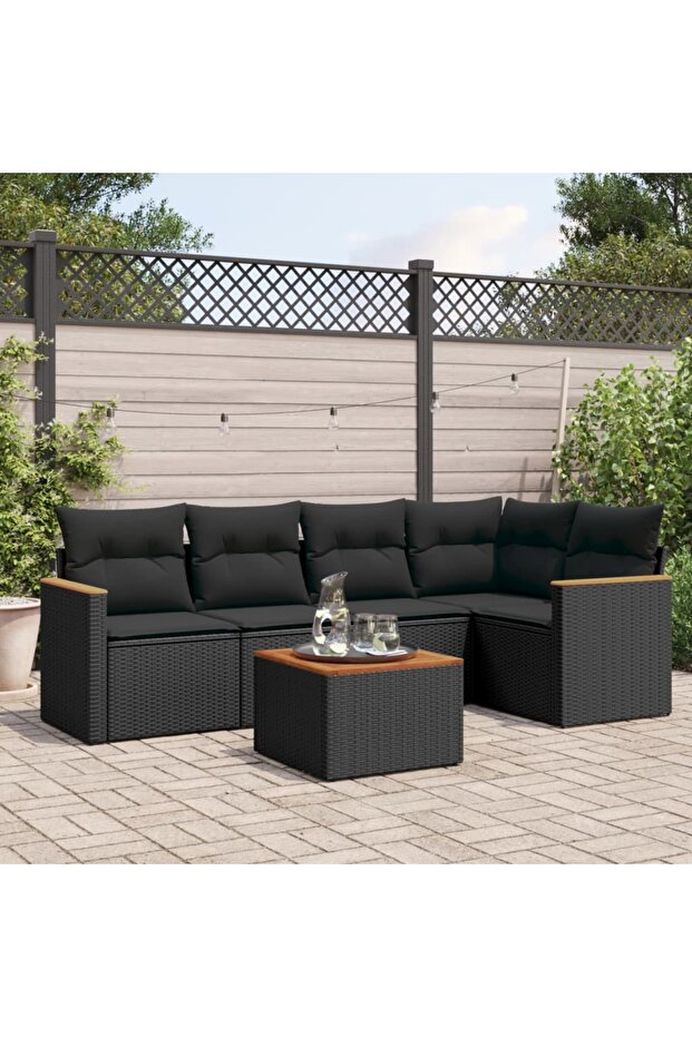 6 Piece Garden Sofa Set with Cushions Black Poly Rattan