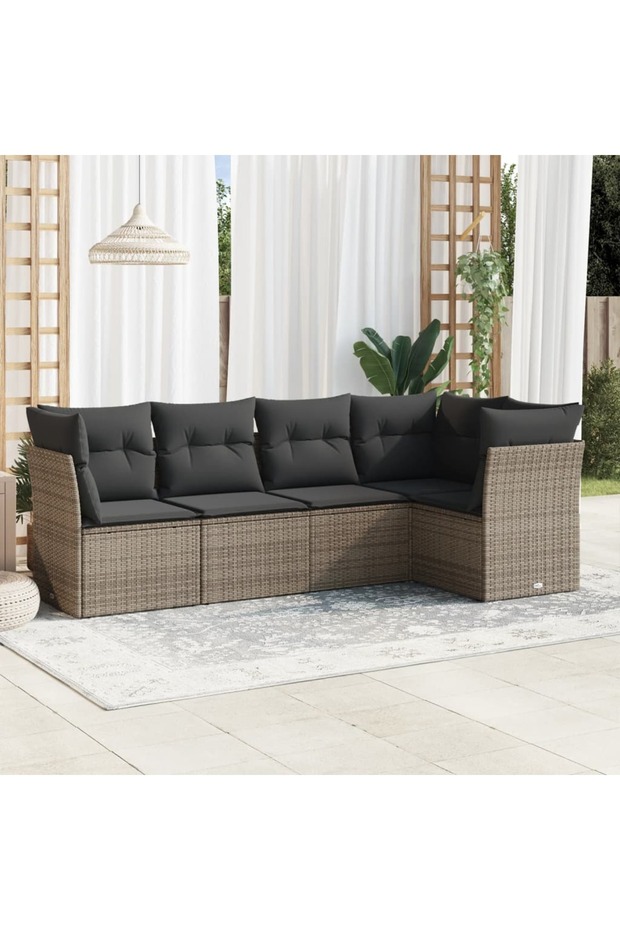 5 Piece Garden Sofa Set with Cushions Grey Poly Rattan