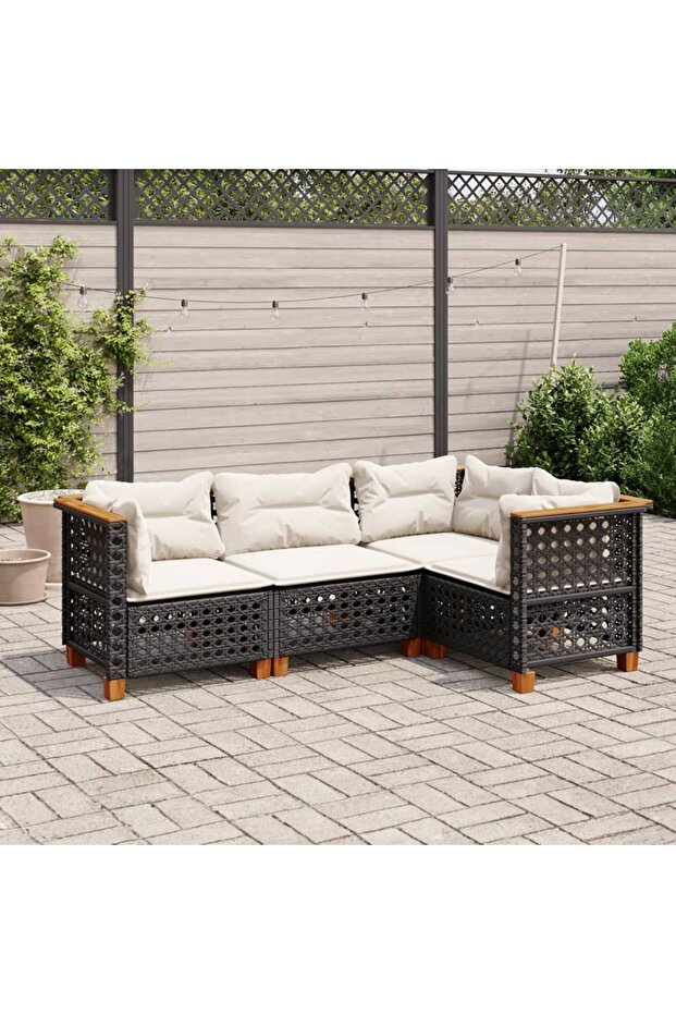 4 Piece Garden Sofa Set with Cushions Black Poly Rattan
