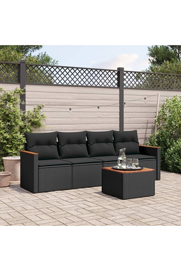 5 Piece Garden Sofa Set with Cushions Black Poly Rattan