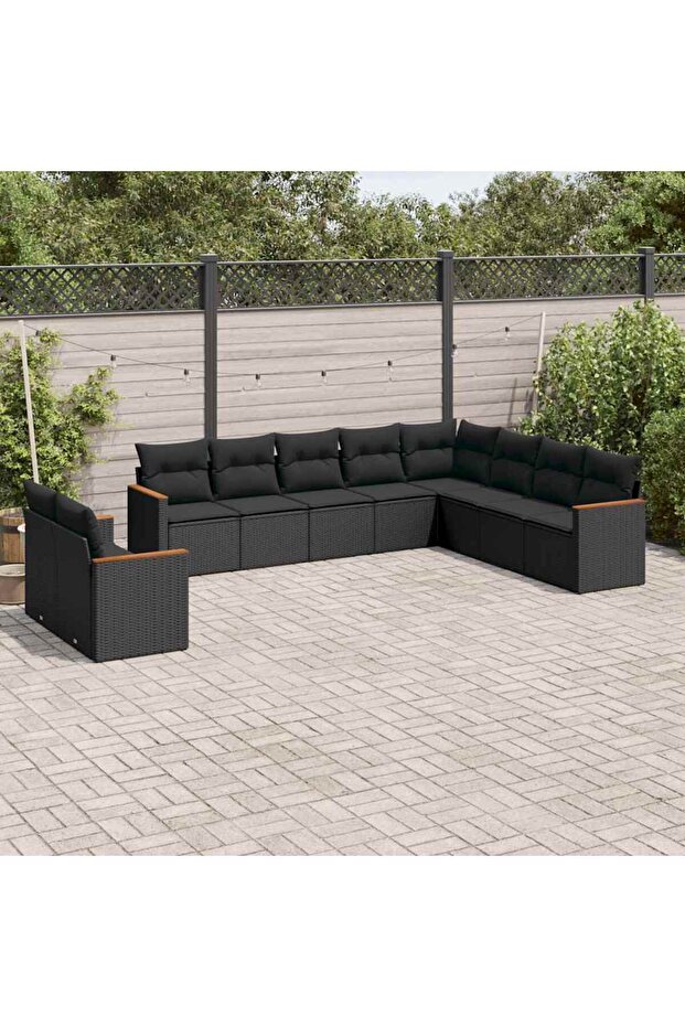 10 Piece Garden Sofa Set with Cushions Black Poly Rattan