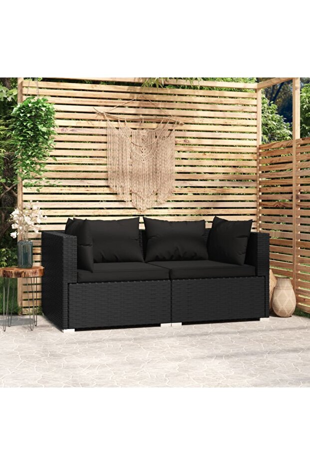 2-Seater Sofa with Cushions Black Poly Rattan