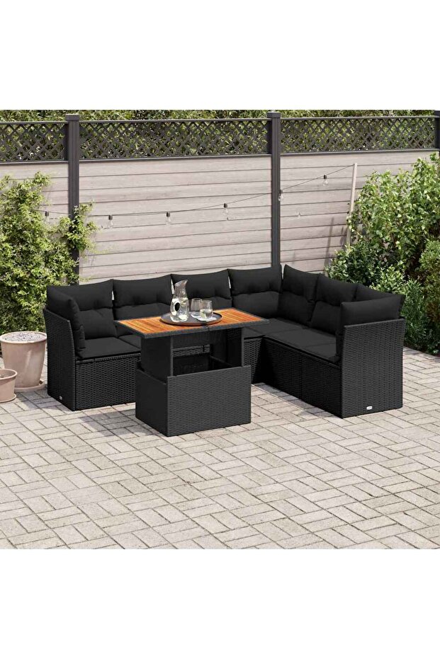 7 Piece Garden Sofa Set with Cushions Black Poly Rattan