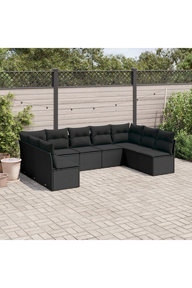 9 Piece Garden Sofa Set with Cushions Black Poly Rattan