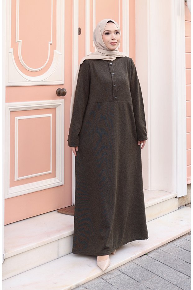 Knitted Fabric Winter Hijab Dress with Button Detail 2180-03 Khaki