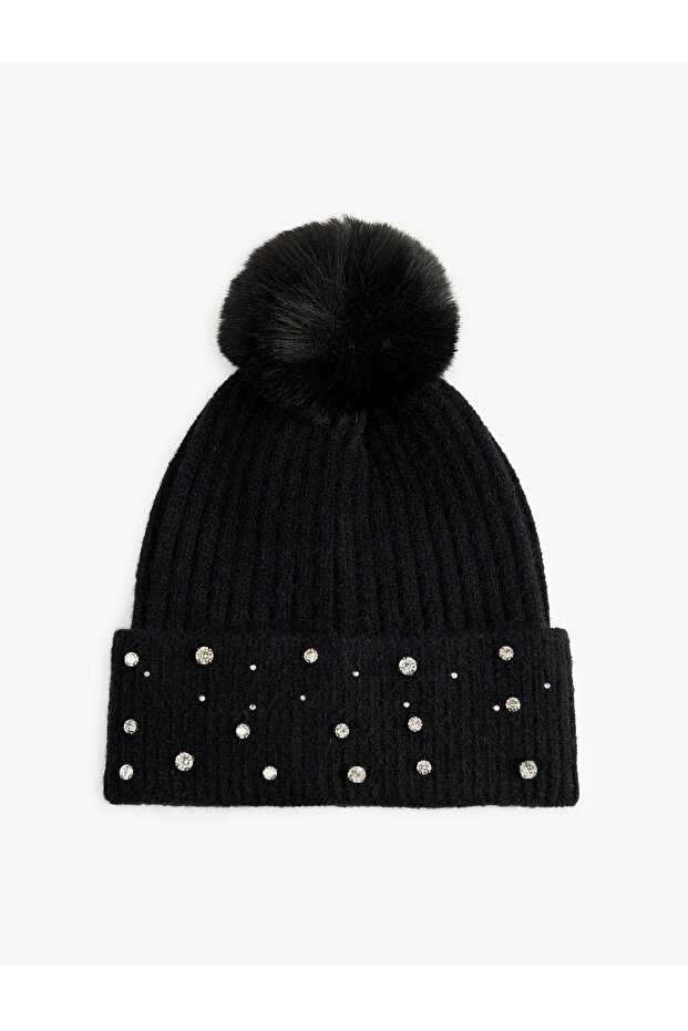 Stone Detailed Pompom Folded Knitted Beanie