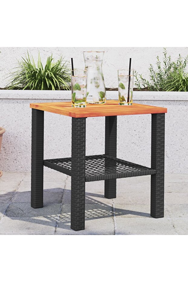 Garden Table Black 40x40x42 cm Poly Rattan Acacia Wood