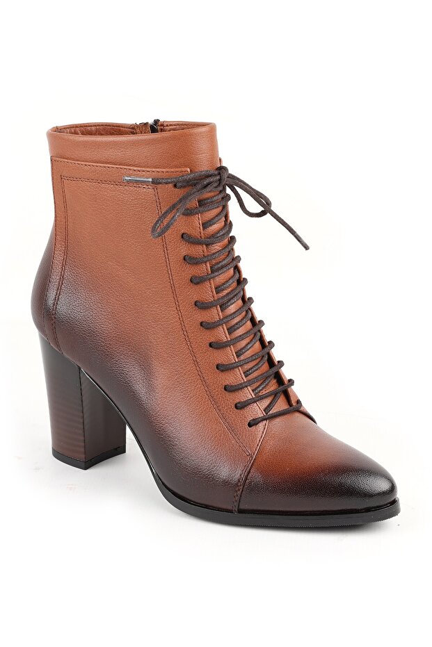 Genuine Leather Lace-Up Women's Boots Ankle Length Medium Heel Zippered Non-Slip Sole L065.234