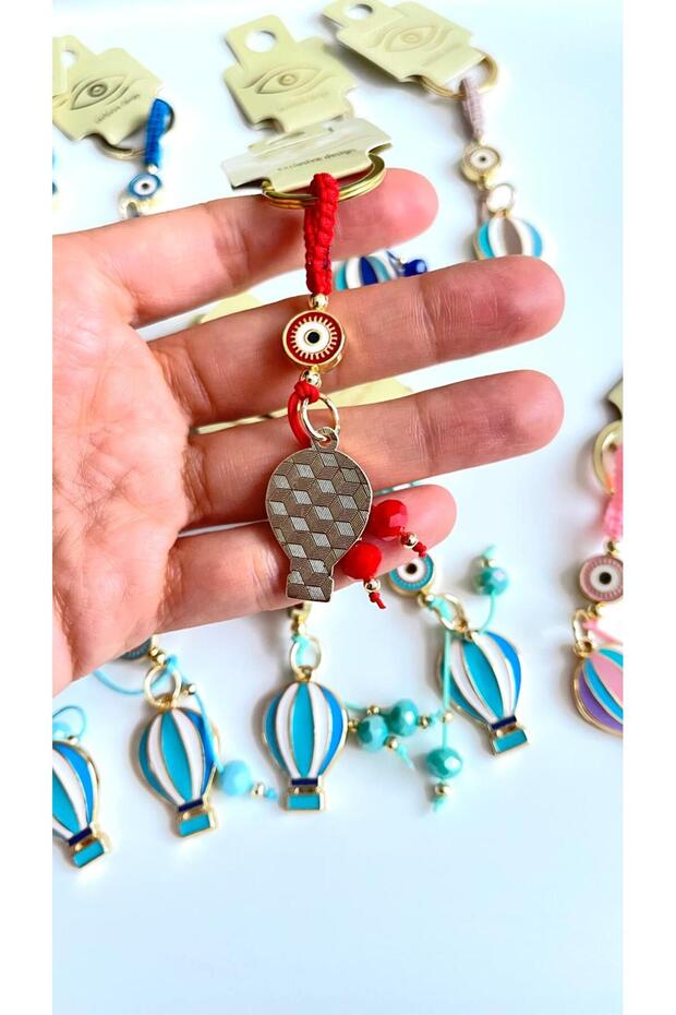 Red Colored Balloon Patterned Evil Eye Beaded Keychain - 5